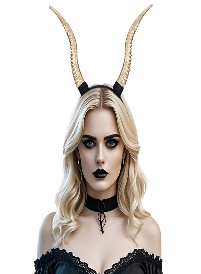 MOSTORY Gold Antelope Horns Headband - Demon Sheep Horns Headband for Women Men Cosplay Photo Shoot, Devil Horn Headpiece for Adult Halloween Renaissance Renfaire (Detachable) - Image 1